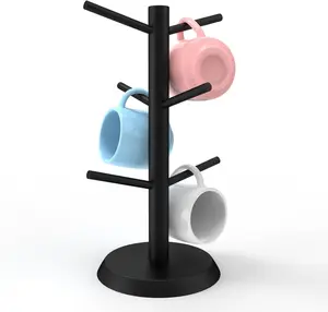 Black Coffee Mug Holder Non-Slip Cup Tree Mug Holder and Organizer With 6 Hooks For Counter Rack Natural Solid Wooden Stable Base Smooth Edges And Surfaces Sturdy Branches Universal Organizer For Coffee Mugs Keys Jewelry Watches Donuts