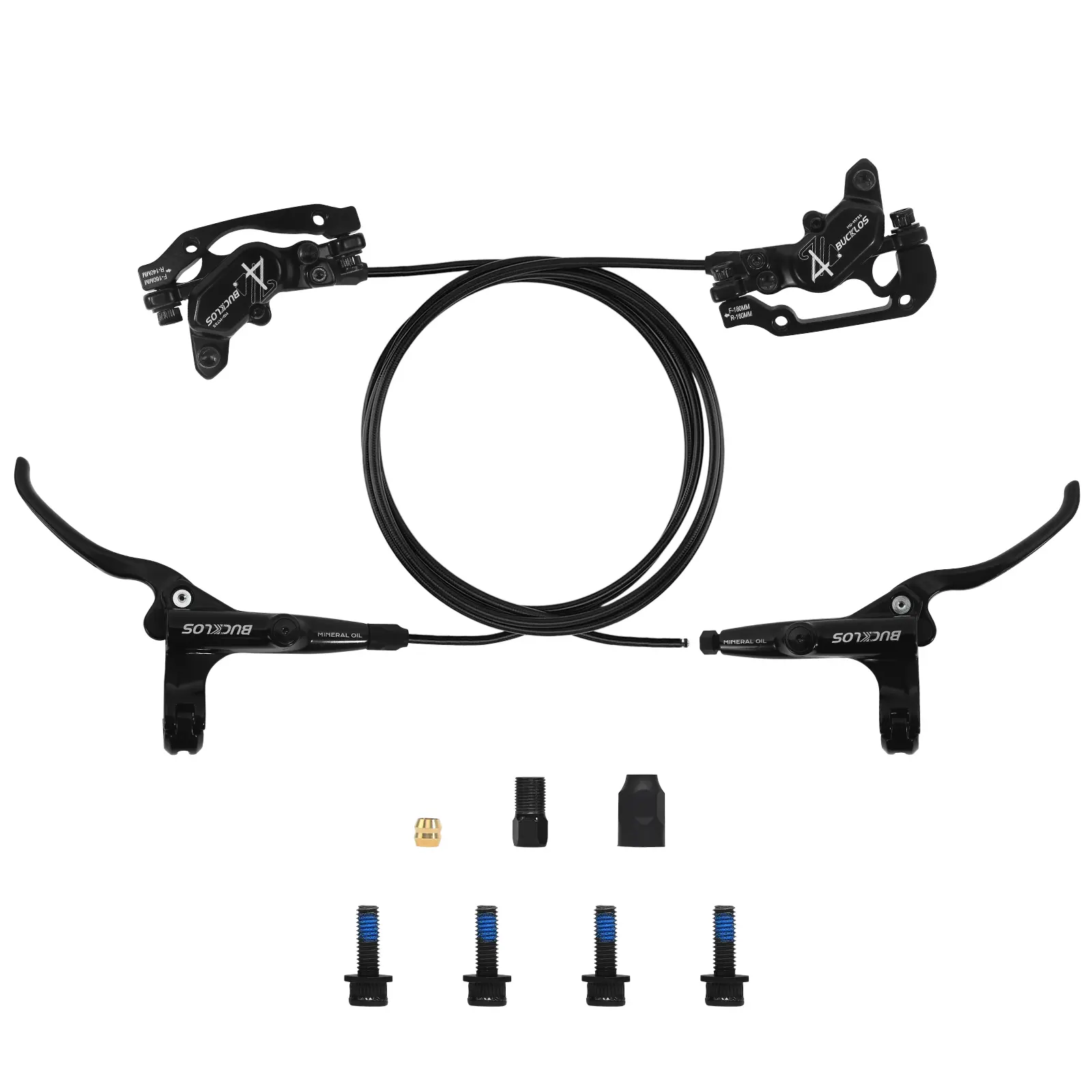 BUCKLOS HD-M735 MTB 4 Pistons Hydraulic Disc Brake Set Pre-Bled Aluminum Alloy Caliper Lever & Multi-Metal Brake Pad, Left Front 850mm Right Rear 1630mm for Ebike, Folding Bicycle, Fat Bike