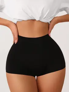 Women's Black High Stretch Plain Underwear Fitted Airslim Shapewear Shorts Casual Comfy Semi Sheer Bottoms