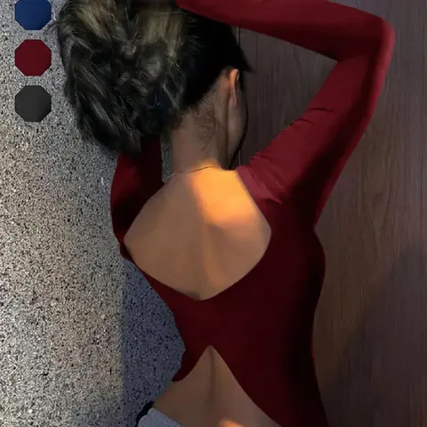 Women's chic long sleeve fitted top, round front neck, cutout back with split hem detail, trendy slim fit piece for streetwear, date nights, daily outings and going out