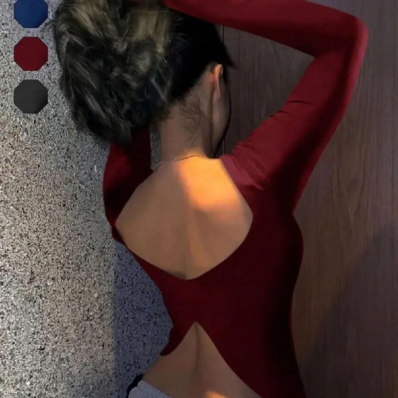 Women's chic long sleeve fitted top, round front neck, cutout back with split hem detail, trendy slim fit piece for streetwear, date nights, daily outings and going out