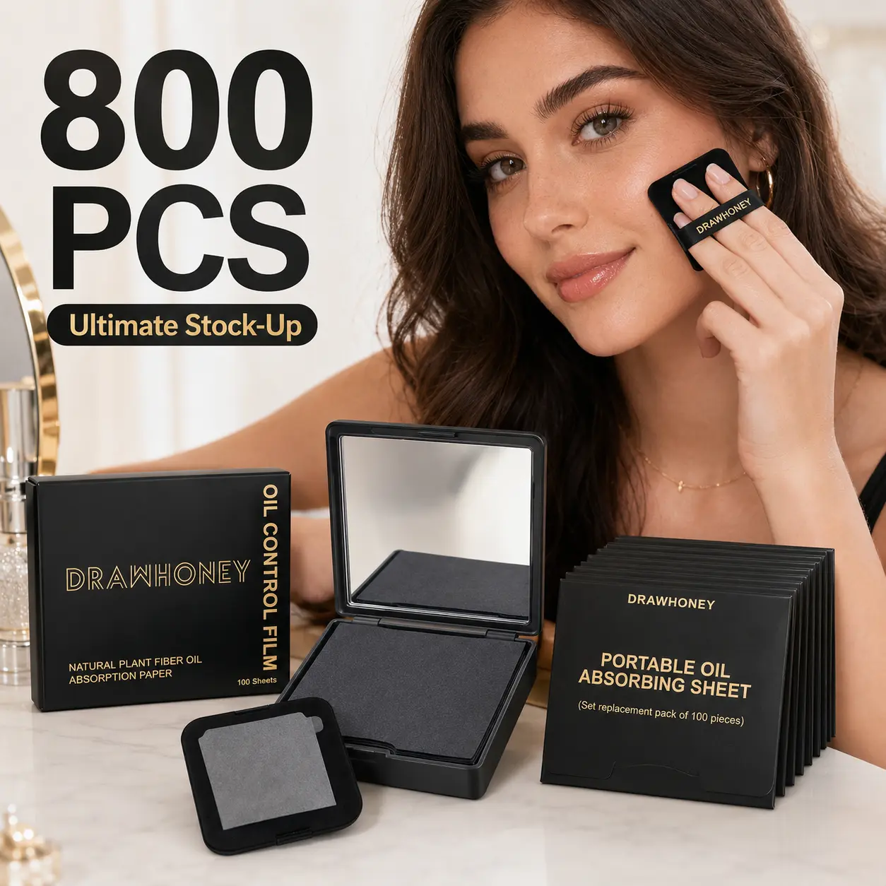 800PCS Oil Blotting Papers for Face - Controls Shine, Saves Makeup | Oil Blotting Sheets for Face with Mirror, Puff & Refills, The On-the-Go Essential for a Flawless, Matte Finish All Day, Compact, Cosmetic