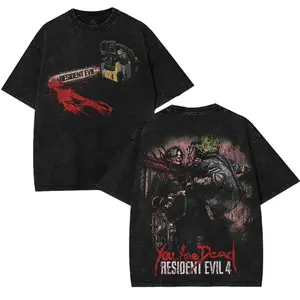 Resident Evil 4 - the chainsaw You are dead Washed Tshirt 2 Sided unisex graphic tees hoodie game anime manga movie Menswear graphic tee