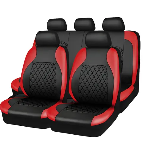 5 Seats Full Set Car Seat Covers, Premium Waterproof PU Leather Cushion Protectors, 40/60 Split Zipper Design Front and Rear Bench Seat, Universal for Vehicles Sedans SUVs  (Black Red)