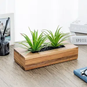 10 Inch Artificial Green Grass Plants in Acacia Wood Decorative Planter Pot, Faux Greenery in Rectangular Wood Container
