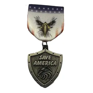 Save America Pin with Patriotic Design and Eagle Emblem on Shield Shape Badge Featuring American Flag Colors and "SAVE AMERICA" Text