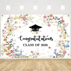 2026 Graduates Congratulations Background Cloth, Watercolor Flower Wreath Background Banner, Flower Print Banner, Flower Design, Polyester Material, Suitable for Graduation Celebrations, Photography Studio Props, Indoor/Outdoor Decoration