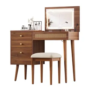 39" Retro Bohemian Vanity Desk, Flip-Top LED Mirror Dressing Table with 3 Drawers &10 Compartments, Walnut Makeup Vanity Set