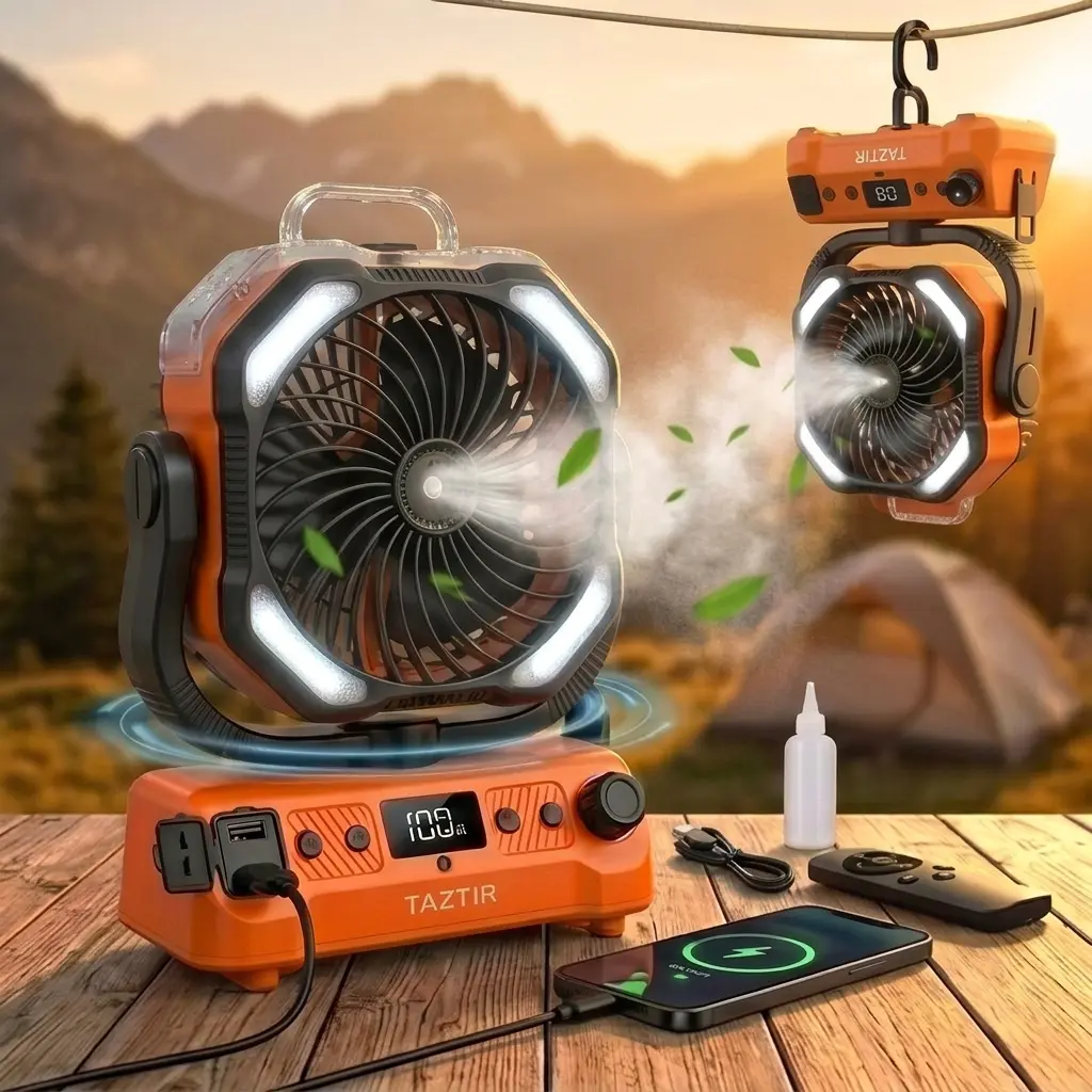 Taztir 4-in-1 Misting Camping Fan with 20000mAh Battery, USB Rechargeable, Portable Fan with LED Light & Power Bank, Remote Control, Stepless Speed for Camping & Home