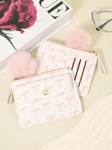 Fashionable and minimalist wallet with a Pom pom Charm, lightweight and portable small credit card holder and notepad, women's multifunctional handbag and coin wallet