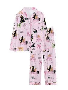 women Teen Wicked Fall Winter Cute Bow Collar Long Sleeve Pajama Set, Comfortable Sleepwear, Loungewear, Movie Party Gift, All-Season Wear