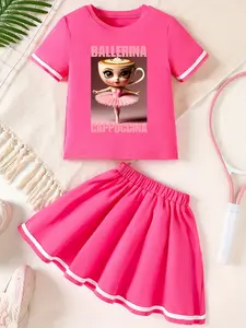 Ballerina Cappuccino 2-Piece Set, Spring & Fall Outdoor Sports, Girls' Fashionable Casual Dress, Cute Cartoon Print Tee