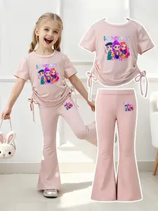 Summer Girls' Set Huntrix Anime Girl Group Pattern Cute Cool Style Home School Outdoor Play Drawstring Short Sleeve Flared Pants Two-Piece Cute Clothing Set