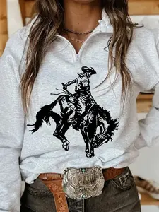 Women's Denim Print Half-Zip Pullover Sweater, Thick Long Sleeve Casual Top, Loose-Fit Drop Shoulder Design, Ideal for Spring & Fall, Womenswear