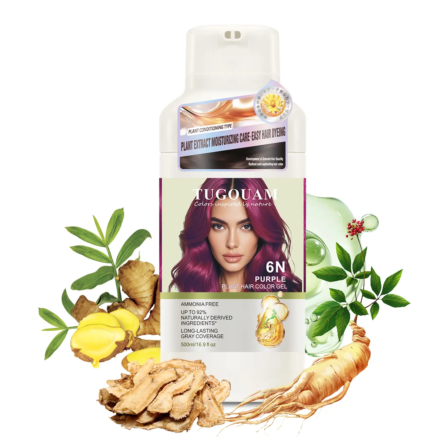 500ml Purple Auburn Natural Coloring Shampoo with Argan & Henna Ginseng Oil, Plant-Based Dry Hair Cleanser, Non-Toxic Hair Care Products for Adults, Floral Scent