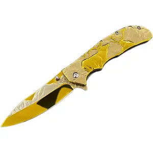 Embossed reindeer pattern stainless steel folding knife, high-hardness outdoor pocket knife, portable outdoor EDC knife, suitable for camping, fishing and survival.