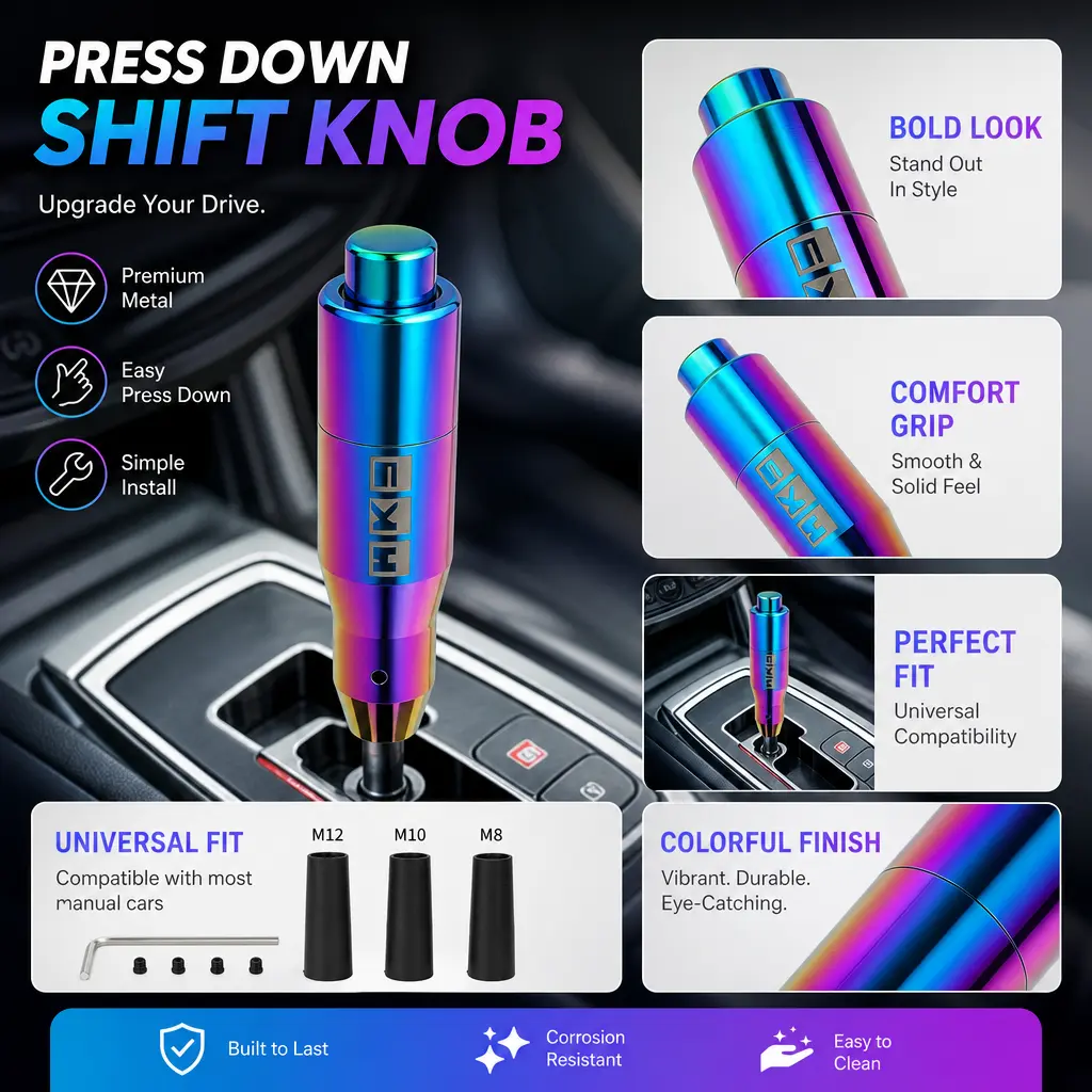 HKS Neo Chrome Push-Down Aluminum Gear Shift Knob - Universal Automatic 7.87in Shifter Knob with 3 Adapters, Car Interior Modification Accessory for Most Auto Vehicles
