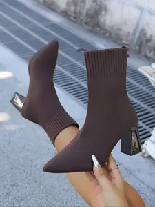 Women's Knitted Ankle Boots, Pointed Toe Mid Heel High Heels, Elegant Slim Fit Elastic Boots, Perfect for Parties & Daily Wear Footwear