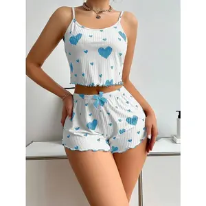 Casual Pajamas Set with Printed Heart, Sweet Camisole Shorts Cute heart printed Pajamas Set(Sheets)