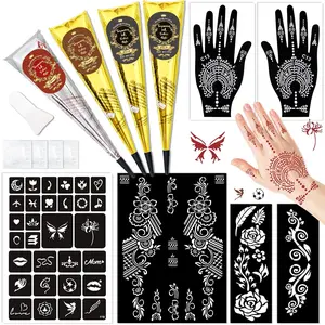 Temporary Stencils Tattoos Kit, 4 Pcs Tattoo Cones 3 Color (2 Black 1 Maroon 1 Cherry Red) with Gloves Brush Tool,DIY Body Art Skin Painting Designs for Women Men Kids Party Gifts