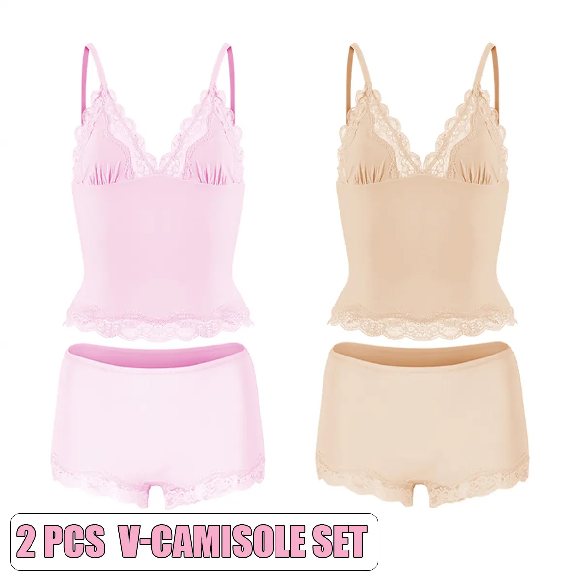 V-Camisole Set(Pink/Beige)