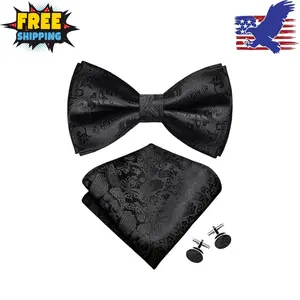 Mens Paisley Bow Tie Handkerchief Jacquard Woven, Cufflinks Set, Black