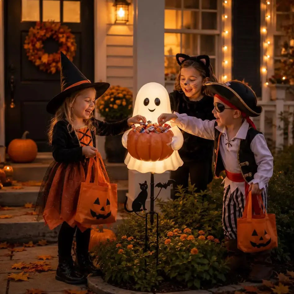 Solar Halloween Ghost Candy Bowl Stake Light - Cute Lighted Ghost Figurine with Pumpkin Bucket, Outdoor Path Decor for Lawn Garden Trick-or-Treat Party Prop