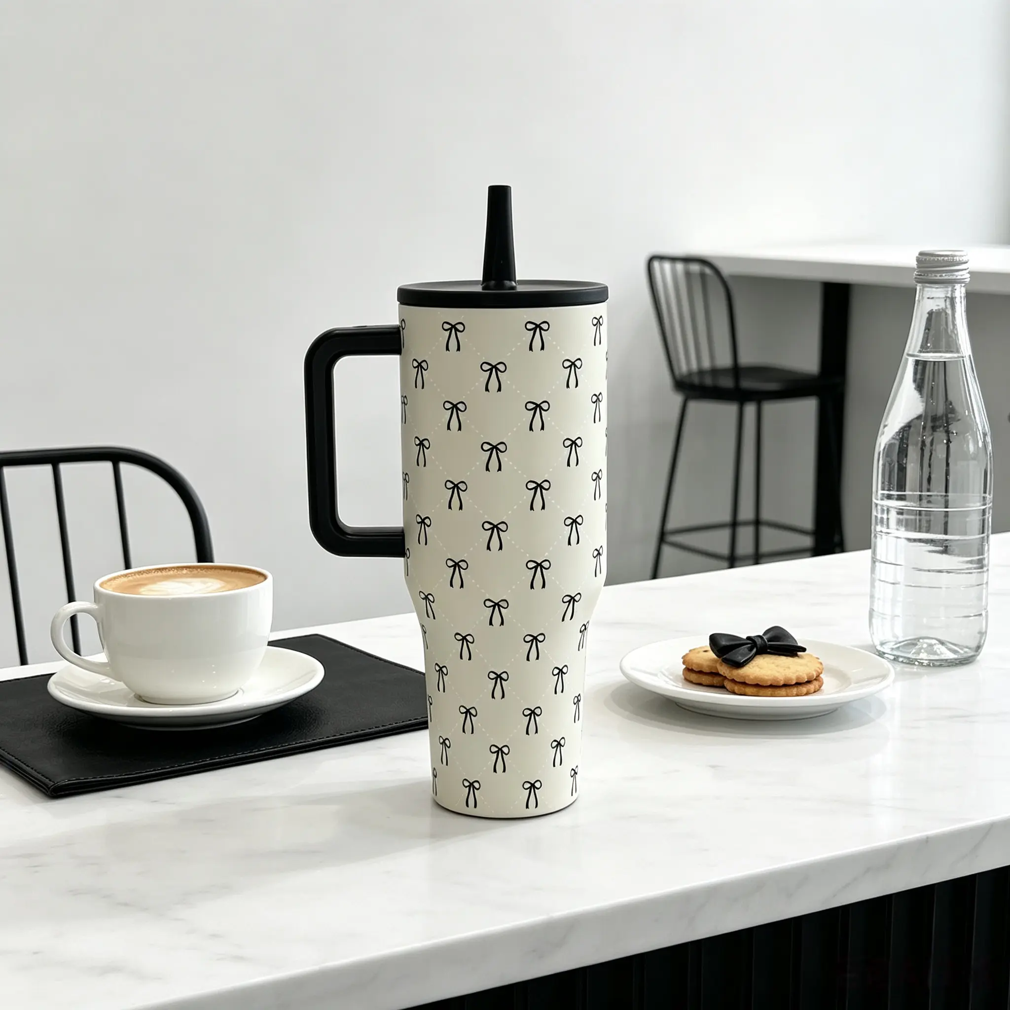 HydroJug 40oz Black Bow Ribbon Print Stainless Steel Tumbler - 24-Hour Cold Retention, Leak-Proof, With Handle & Straw, Portable Insulated Travel Drinkware For Gym, Office