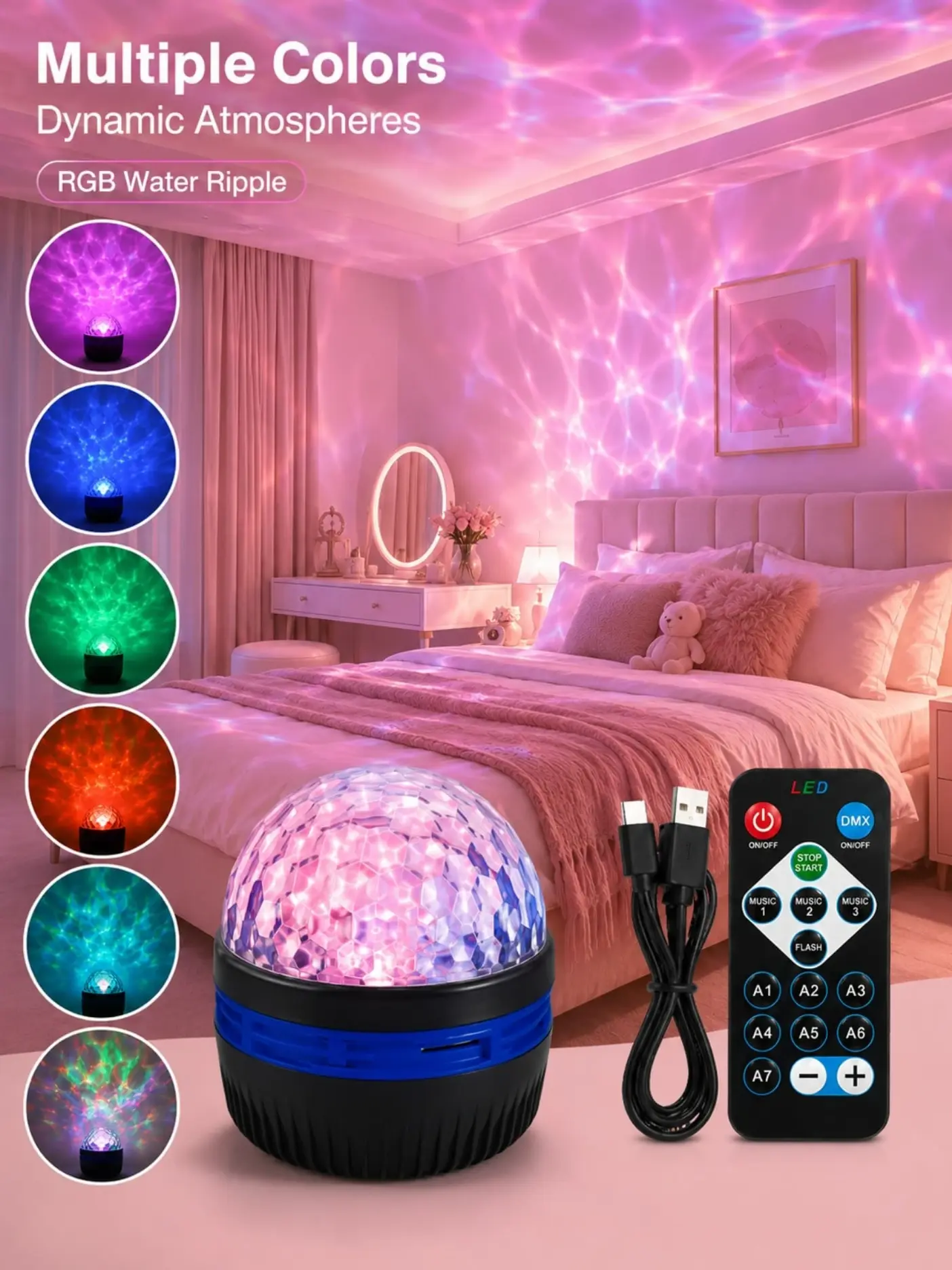 RGB Water Ripple Projection Night Light - USB-Powered, Remote-Controlled Disco Ball Lamp with Dynamic Multicolor Ocean-Wave Effects, Ambient Decor for Bedroom Parties, Ideal Gift for Birthdays
