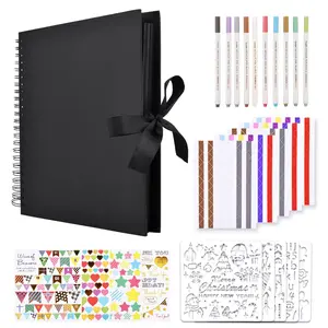 1 Set 80 Pages Craft Paper Photo Album with 10 Metallic Markers,12 x 12 Inch Scrapbook Album for Wedding and Anniversary,Family DIY Photo Album with Scrapbooking Stickers Corners,Hand Tools Kits