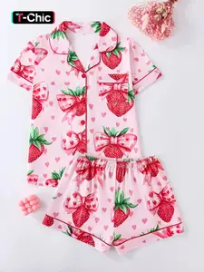 Women's Strawberry & Heart Print Lapel Neck Shirt & Shorts Pyjama Two-piece Set, Ladies Sleepwear for All Seasons, Pajama Set, Loungewear, Lounge Pajamas, Cute Pajama Sets