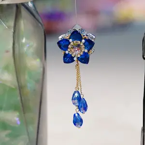 119  Blue Crystal Flower Dangle Charm – Luxury Gold Tassel Pendant for Jewelry Making