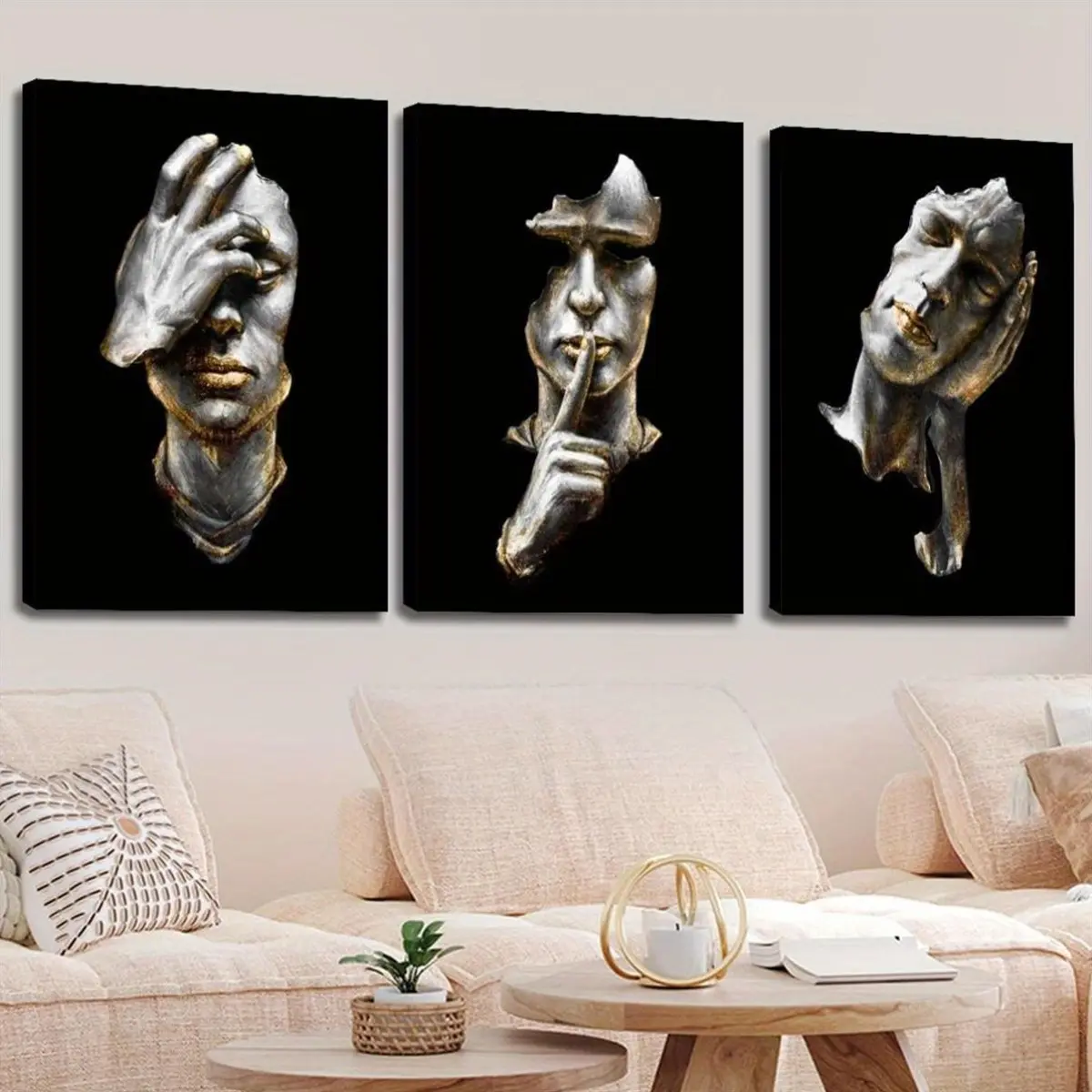 3-Piece Wrapped Framed Wall Art Set - Houndstooth Plaid, Polka Dot, Black & White Abstract Figure 2D Flat Prints, Glossy Waterproof Home Decoration, Living Room Decor (Thanksgiving, Black Friday, Independence Day Gifts)