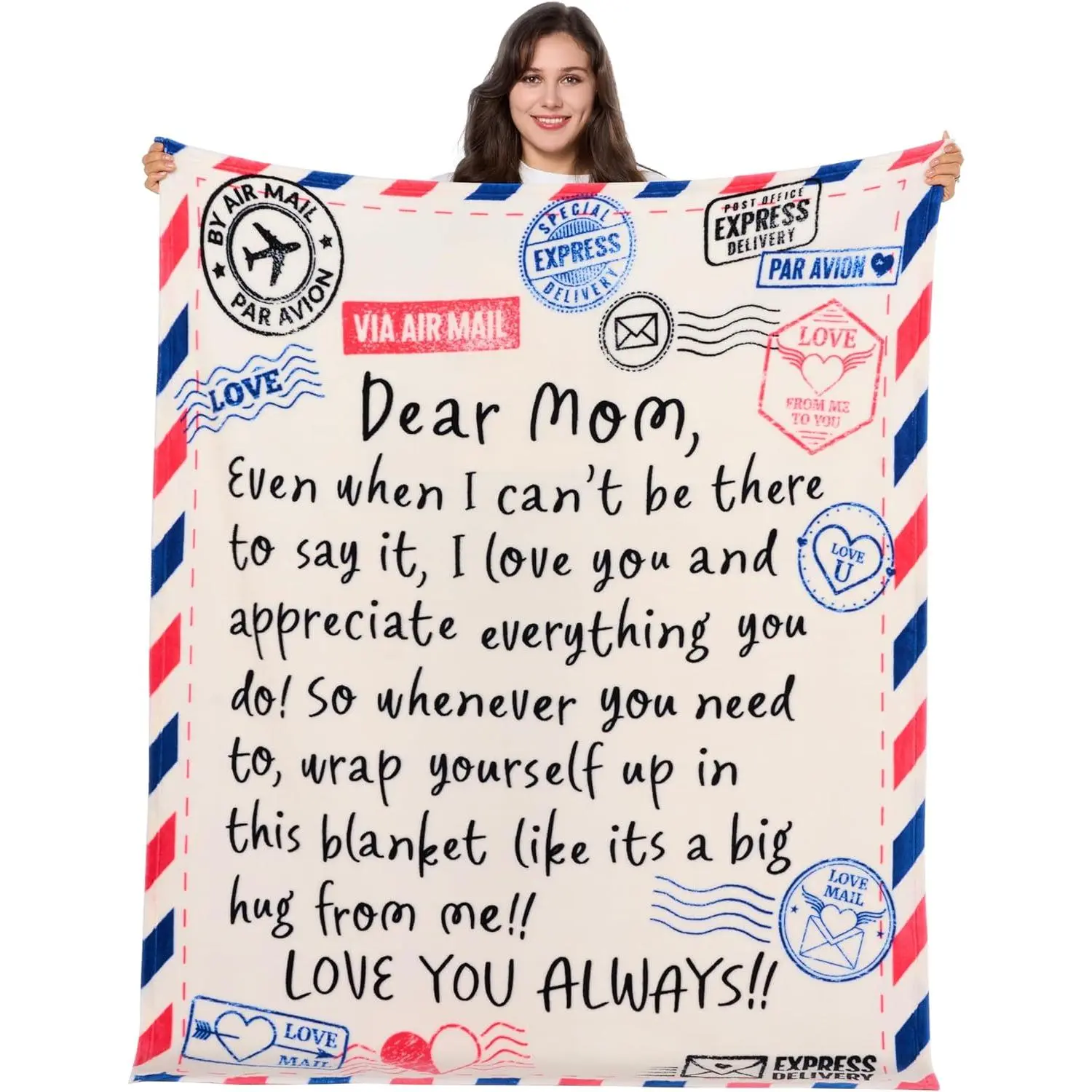 For Mother's Day Air Mail "Dear Mom" Big Hug Blanket Vintage Postcard Style Soft Throw Blanket  Best I Love You Gift for Mom from Daughter Son Soft Flannel Throw Blanket Presents for Mother's Day