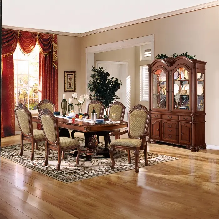 Chateau de Ville 7-Pieces Classic Cherry Wood Finish Rectangular Double Pedestal Indoor Dining Table Set, Model 04075-7PC, Dining Set