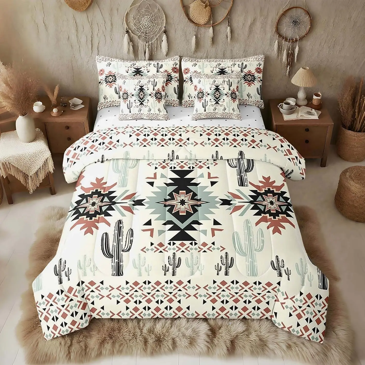 Feelyou 7-Piece Decorative Bedding Set - Queen Khaki Southwestern Aztec Geometry Vintage Comforter Set, Rustic Western Cactus Bohemian Bed-in-A-Bag with Sheets, Room Decor & Accessories for Adults Bedroom, Queen Comforter Set