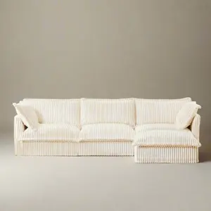 Fluffy Corduroy 3-Seat Sofa – Cream with Ottoman, Washable