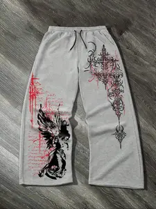 Tiktok Trendy Angel & Gothic Cross Pattern Sport Pants, Loose Drawstring Pants, Casual Sporty Trousers, Casual Comfortable Home Wear, All Seasons