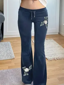 Women's Retro Floral Embroidered Drawstring Waist Flare Pants, Slim Fit Velvet Casual Bohemian Boho Trousers for Fall & Winter, Casual Fashion Pants, Boho Elastic Pants