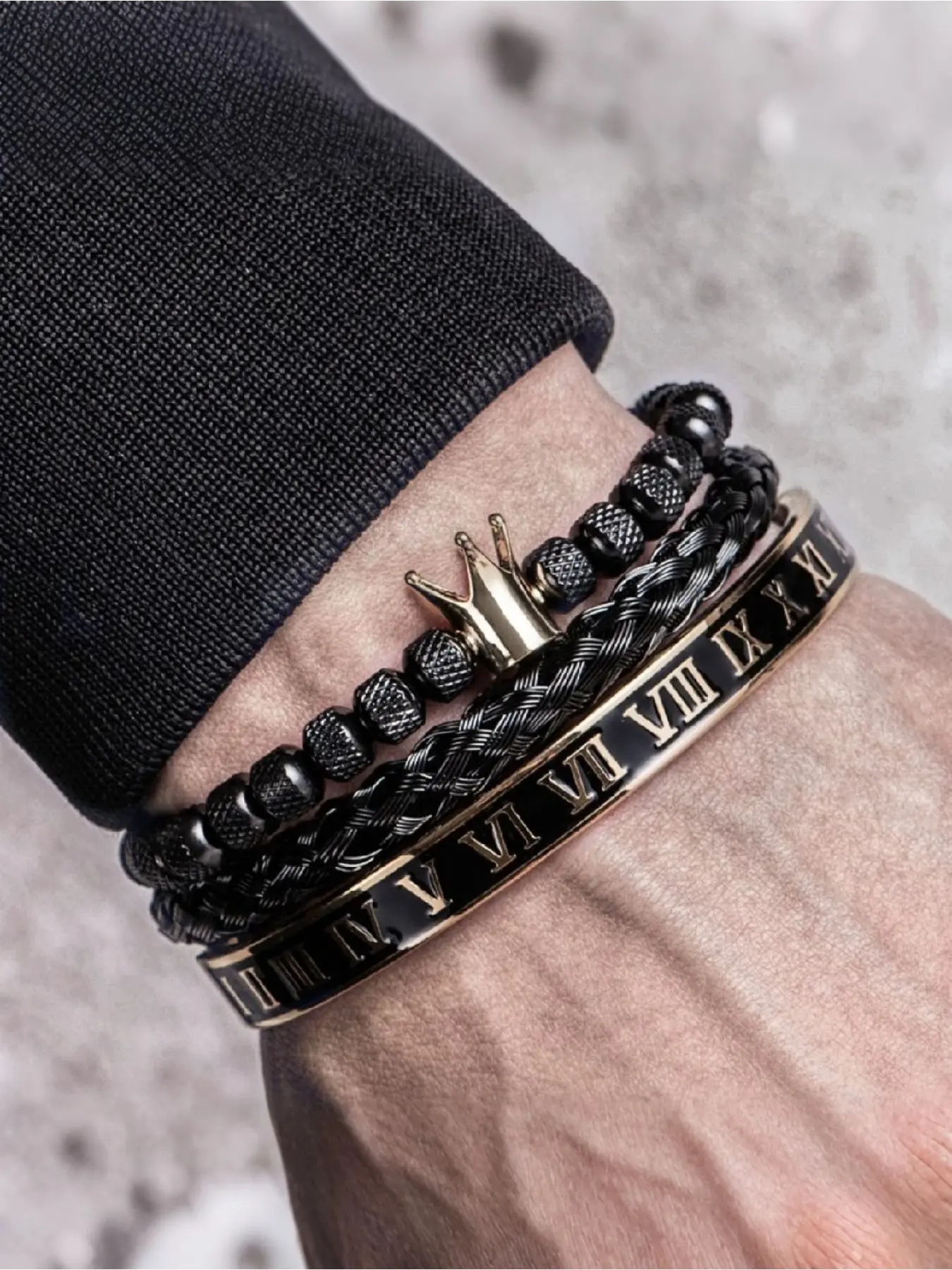 [Luxury Roman Bracelet]  Stainless Steel Roman Numerals Bracelet - Adjustable Open Cuff, Royal Crown Charm, Glam Style for Men, Daily, Party, Gift Occasions, Chains, Jewellery