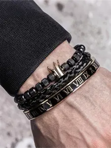 [Luxury Roman Bracelet]  Stainless Steel Roman Numerals Bracelet - Adjustable Open Cuff, Royal Crown Charm, Glam Style for Men, Daily, Party, Gift Occasions
