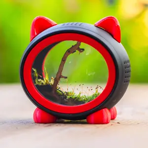 Cute Cat Jumping Spider Enclosure, Dual Magnetic Round Glass Doors, Top & Side Ventilation, Removable Ear Feeding Port, Red & Black Spider Habitat