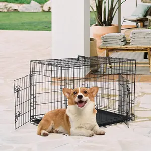 36 Inch Large Dog Crate with Divider Panel, 36.61"L x 22.64"W x 24.21"HDouble Door Folding Metal Wire Dog Cage with Leak-Proof Plastic Tray, Indoor Outdoor Travel Pet Kennel for Large Dogs