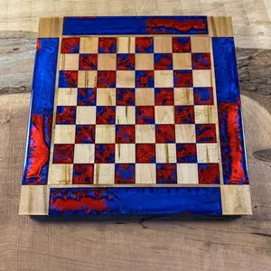 Deep Blue Red Lava Maple Wood Chess Board (INCLUDES PIECES)