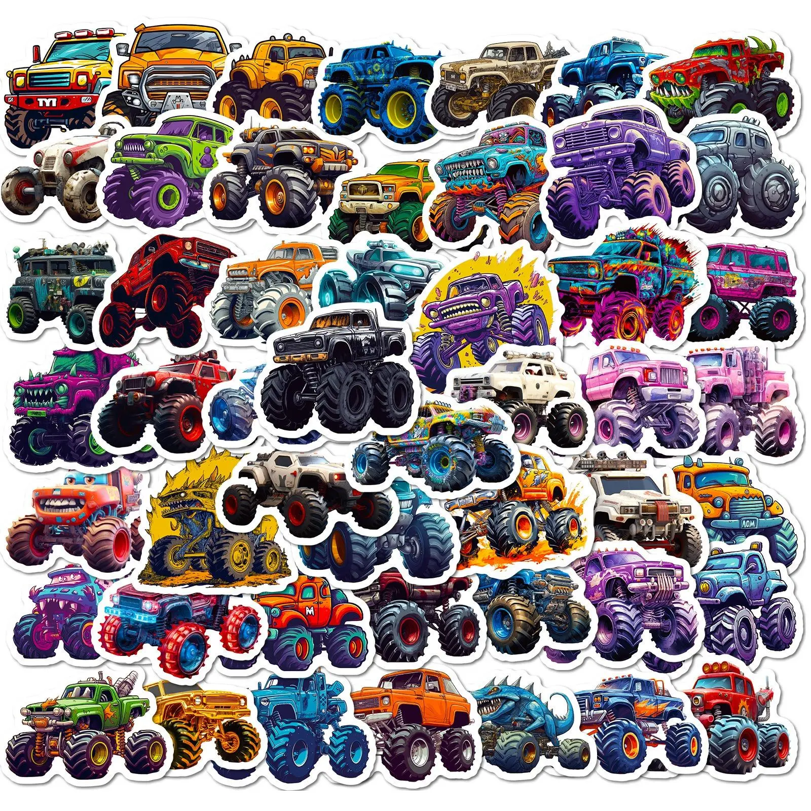 50pcs Cartoon Monster Truck Pattern Graffiti Set, Waterproof Decoration For DIY Decal Sticker Packs, Pvc Waterproof Stickers