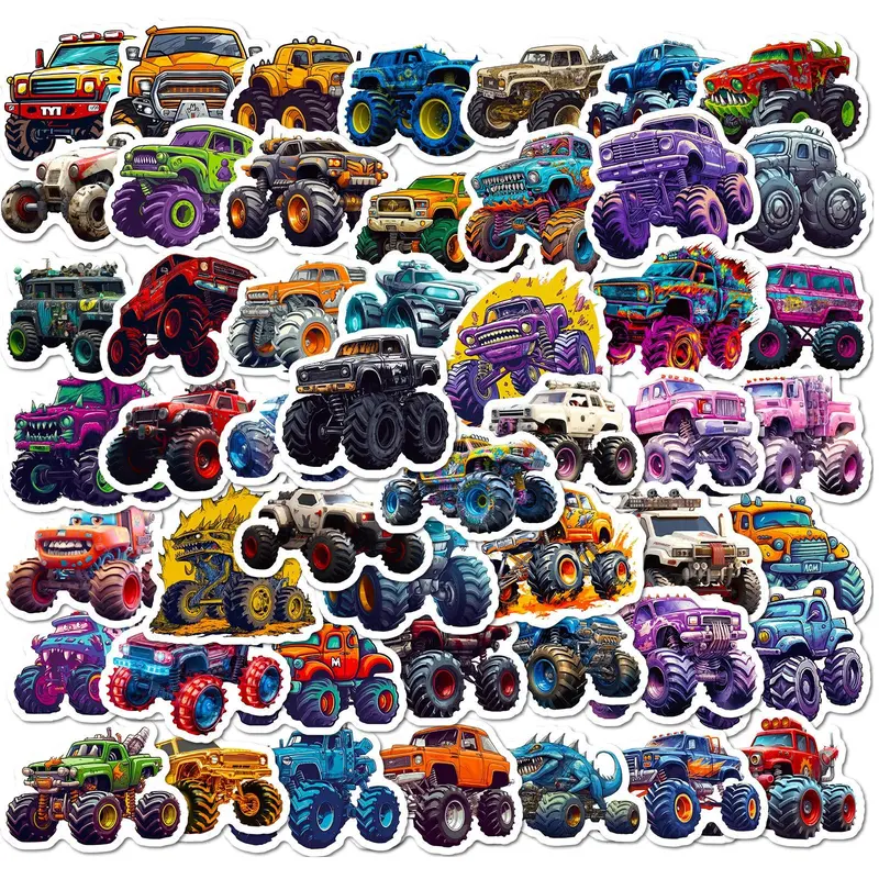 50pcs Cartoon Monster Truck Pattern Graffiti Set, Waterproof Decoration For DIY Decal Sticker Packs, Diy Crafts Stickers