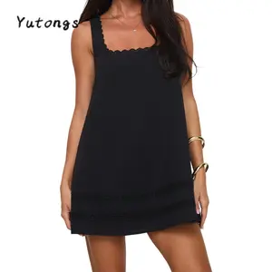 Women Loose Mini Dress Casual Summer Lace Patchwork Square Neck Sleeveless Party Dress for Beach Club Streetwear