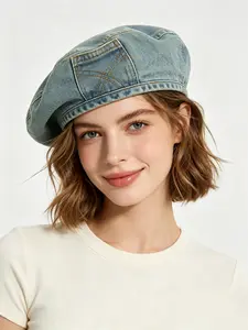 Women's Vintage Washed Denim Design Beret, Casual Outdoor Blue Hat for Women, Fashion Accessories for Daily Wear