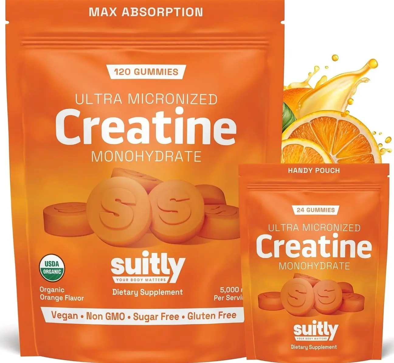 USDA Organic Ultra-Micronized Creatine Gummies for Men & Women; Orange Max Absorption 5g Creatine Gummies Sugar Free for Muscle Gain, Energy & Recovery; Muscle Builder for Women with Pouch - 120 Count