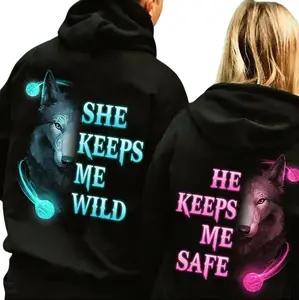 Wolf Couple Matching Hoodie – She Keeps Me Wild & He Keeps Me Safe Neon Graphic Pullover & Anniversary Gift, Cozy Unisex Casual Wear for Men & Women